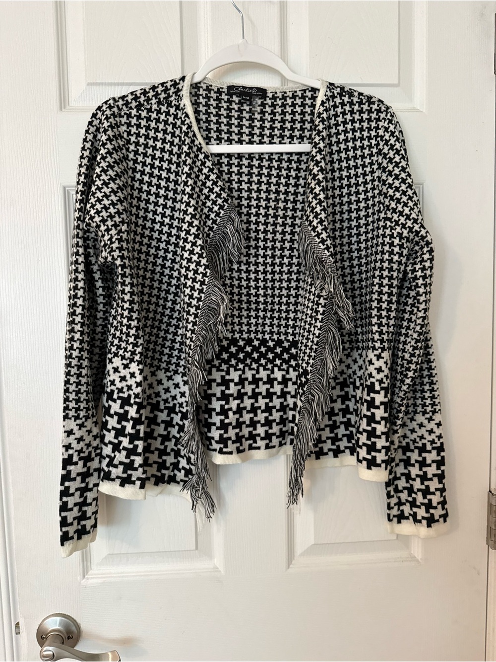 CHARLIE B Black & White Fringe Houndstooth Open Cardigan